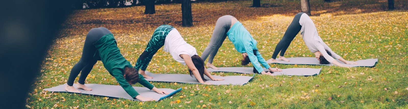 Four women practice downward-facing dog yoga pose outdoors.